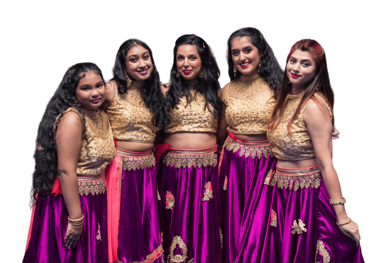 Performers Stephanie Persaud, Ankitha Desu, Neha Khanna, Sarika Chakravorty, and Tazeen Shaikh dressed in traditional gold and purple attire at the Infinity Cares Gala 2022 in Ottawa.